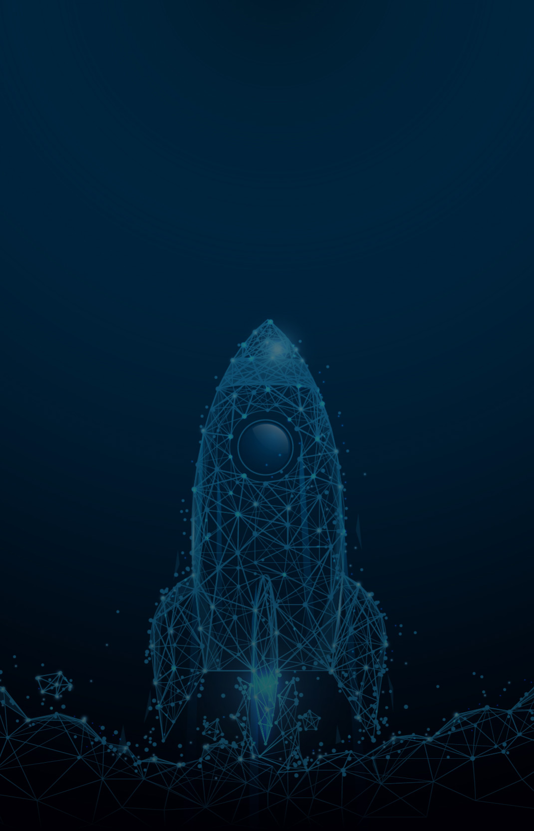 a graphic of a rocket made up of points and lines on a dark blue background